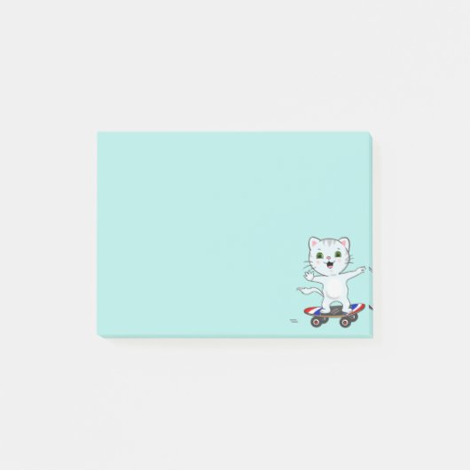 Schattige skatekat op licht tealblauwe noten post-it® notes (Voorkant)