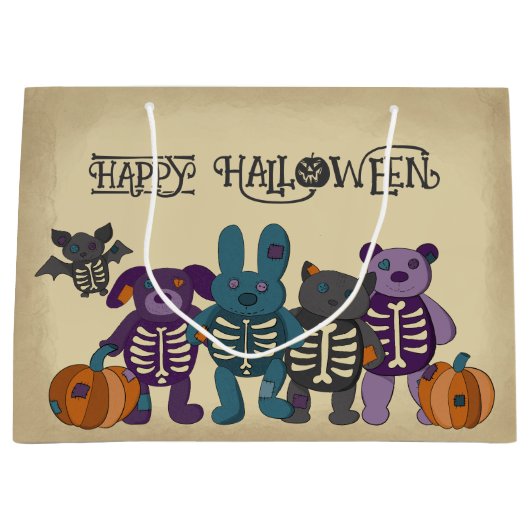 Schattige Skelet Dieren en Pompoenen Halloween Groot Cadeauzakje (Voorkant)