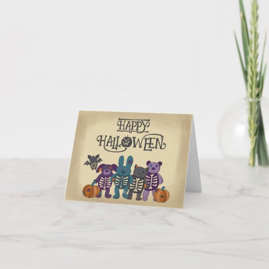 Schattige Skelet Dieren en Pompoenen Halloween Kaart (Voorkant)