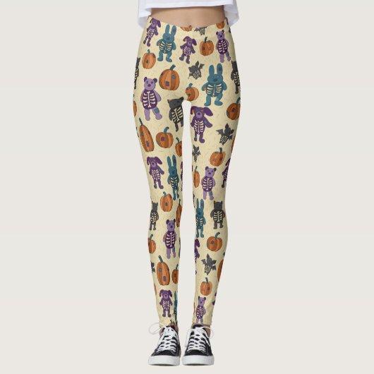 Schattige Skelet Dieren en Pompoenen Halloween Leggings (Voorkant)