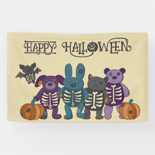 Schattige Skelet Dieren en Pompoenen Halloween Par Spandoek (Horizontaal)