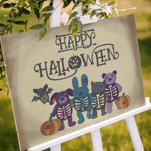 Schattige Skelet Dieren en Pompoenen Halloween Poster