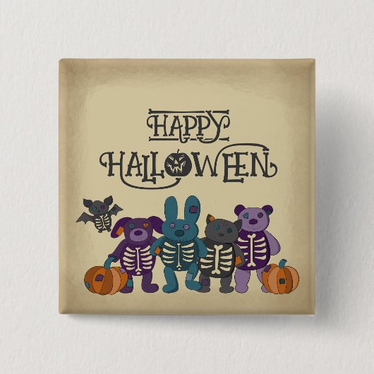 Schattige Skelet Dieren en Pompoenen Halloween Vierkante Button 5,1 Cm (Voorkant)