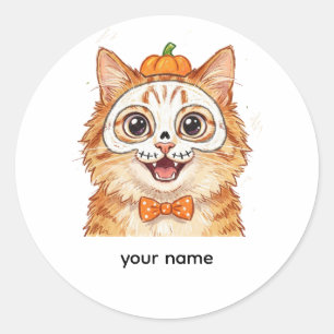 Schattige skelet gezichtsbeschildering oranje kat ronde sticker