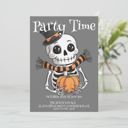 Schattige Skelet Illustratie Feestuitnodiging Kaart (Staand voorkant)