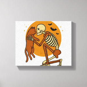 Schattige Skelet Knuffelen Cat Gothic Halloween On Canvas Afdruk