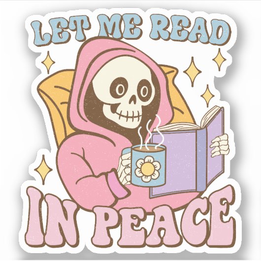 Schattige skelet laat me lezen in vrede vinyl sticker (Voorkant)