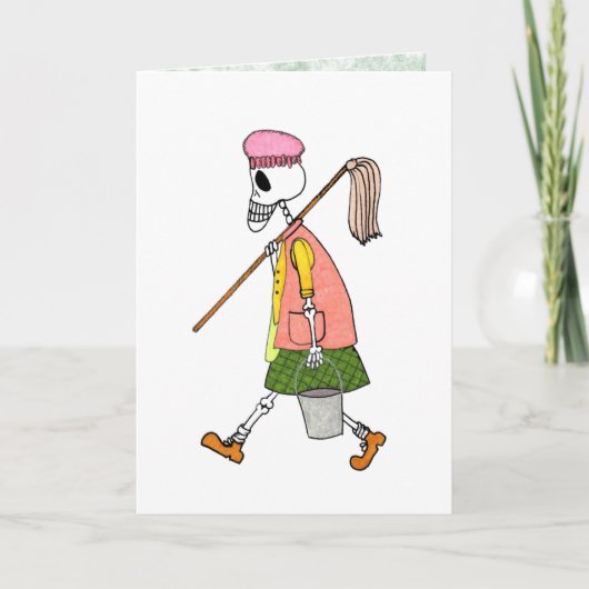 Schattige skelet schoonmaakster dweil & emmer kaart (Voorkant)
