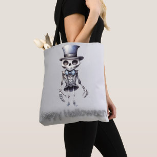 Schattige Skelet Strikdas Hoed Zilver Halloween Tote Bag