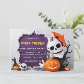 Schattige Skeleton en pompoenen Halloween Party Kaart (Staand voorkant)
