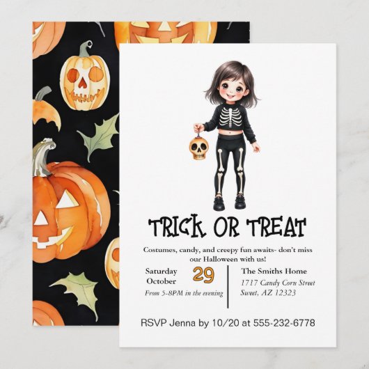 Schattige Skeleton Kind op Halloween in kostuum Kaart (Voorkant / Achterkant)