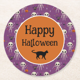 Schattige skeletten en kat Halloween paars en oran Ronde Kartonnen Onderzetter