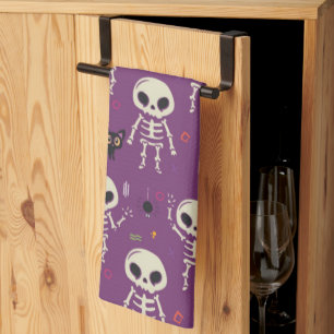 Schattige skeletten Halloween patroon paars Theedoek