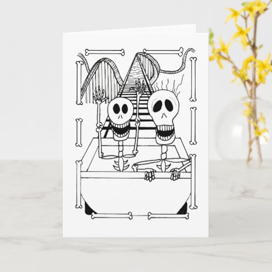 Schattige skeletten op achtbaanrit  kaart (Gele Bloem)