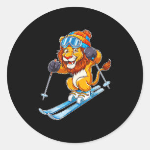 Schattige ski-leeuw wintersport ronde sticker