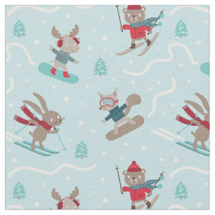 Schattige Skiën en Snowboarden Dieren op lichtblau Stof