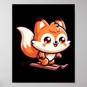 Schattige Skiende Vos Kawaii Alpiene Hellings Wint Poster