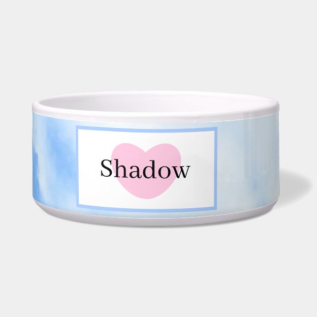 Schattige Sky Blue Roze Hart met Naam Pet Voerbakje (Voorkant)