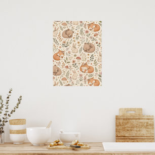 Schattige Slaande Bosdieren Boho Patroon (Vos, Poster