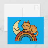 Schattige Slaande Kat op Regenboog met Maan  Briefkaart (Voorkant / Achterkant)