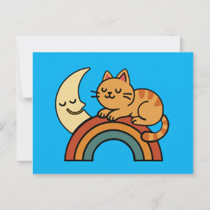 Schattige Slaande Kat op Regenboog met Maan Briefkaart