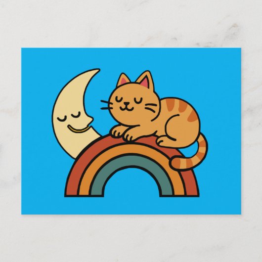 Schattige Slaande Kat op Regenboog met Maan  Briefkaart (Voorkant)