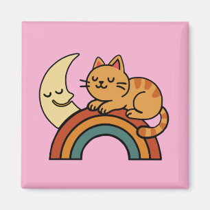 Schattige Slaande Kat op Regenboog met Maan – Grap Magneet