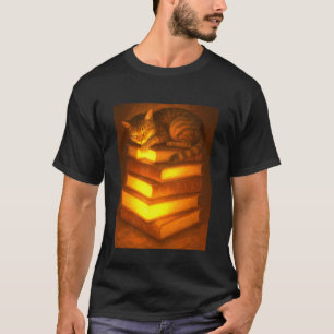 Schattige Slaande Kat Rustend Op Boek Stapel T-shirt