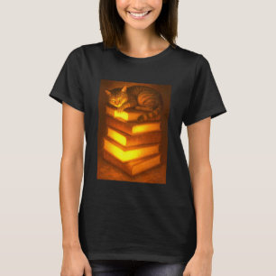 Schattige Slaande Kat Rustend Op Boek Stapel T-shirt