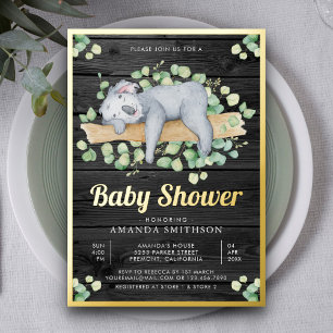 Schattige Slaande Koala Hout Baby Shower Goud Folie Uitnodiging