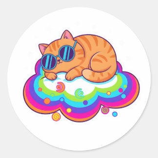 Schattige Slaande Oranje Kat op Regenboogwolk met Ronde Sticker