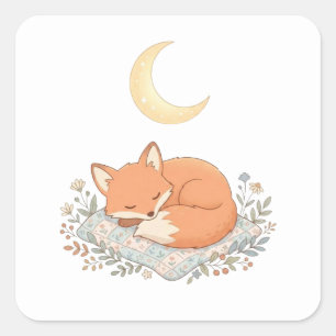 Schattige Slaande Vos op Quilt onder Halve Maan AI Vierkante Sticker