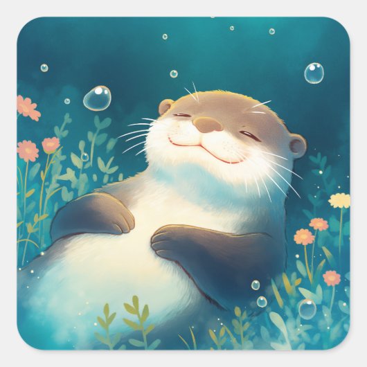 Schattige Slaande Zeeotter Onderwater met Bellen Vierkante Sticker (Voorkant)
