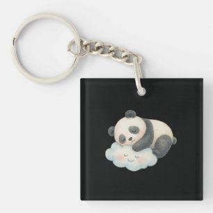 Schattige Slaapdronken Panda op Wolk Waterverf Sleutelhanger