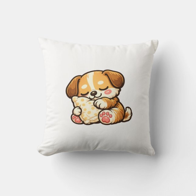 Schattige Slaapdronken Puppy met Kussen (Voorkant)