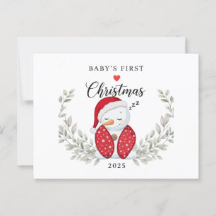 Schattige Slaapende Sneeuwman   Baby's Eerste Kers Briefkaart