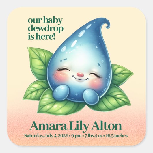 Schattige Slapen Baby Dewdrop Baby shower Welkom Vierkante Sticker (Voorkant)