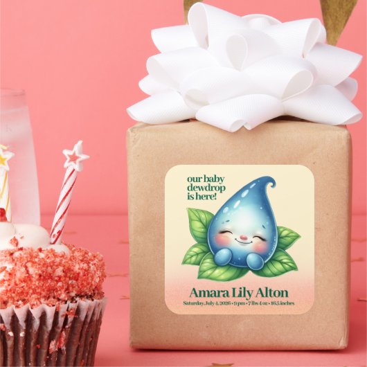 Schattige Slapen Baby Dewdrop Baby shower Welkom Vierkante Sticker (Feest)