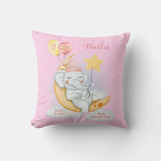 Schattige Slapen Baby Olifant Geboorte Stats Roze Kussen (Voorkant)
