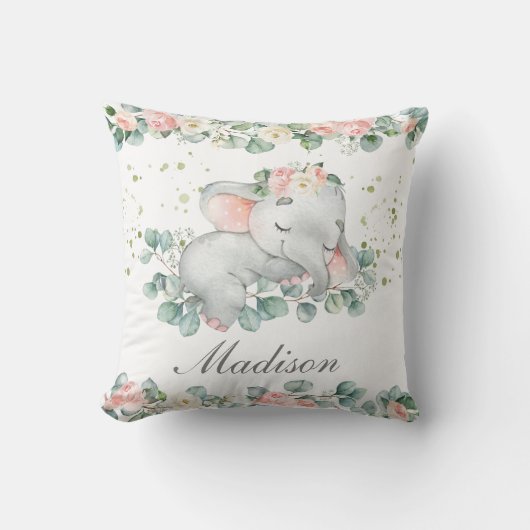 Schattige Slapen Baby Olifant Roze Bloemen Groen Kussen (Voorkant)
