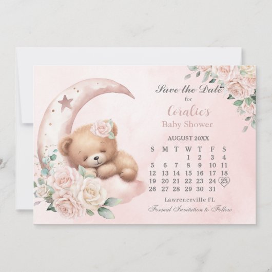 Schattige Slapen Beer Moon Blush Bloemen Baby show Save The Date (Voorkant)