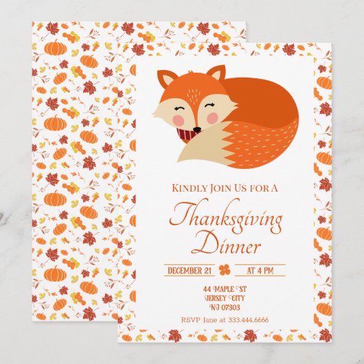 Schattige Slapen Fox Thanksgiving Diner Kaart (Voorkant / Achterkant)