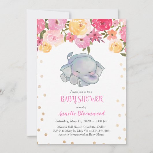 Schattige Slapen Olifant Roze Bloemen Baby shower Kaart (Voorkant)