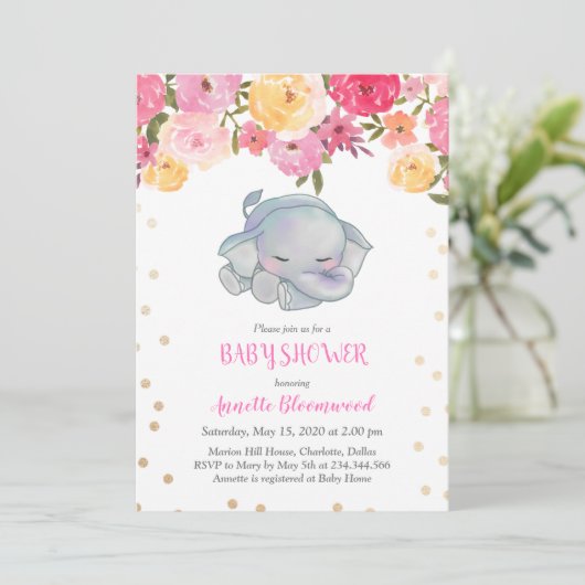 Schattige Slapen Olifant Roze Bloemen Baby shower Kaart (Staand voorkant)