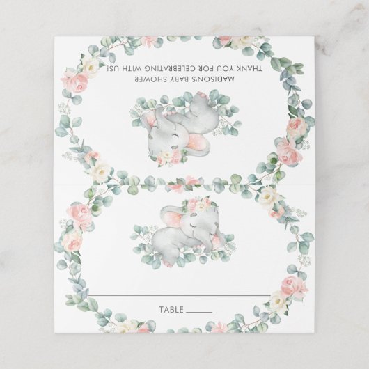 Schattige Slapen Olifant Roze Bloemen Baby shower Plaatskaartje (Buitenkant ongevouwen)