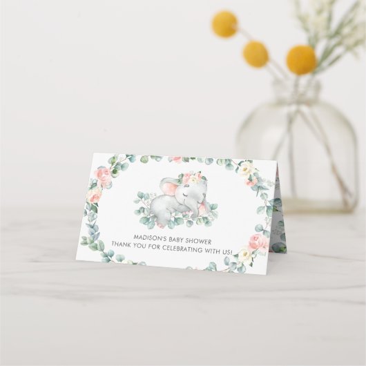 Schattige Slapen Olifant Roze Bloemen Baby shower Plaatskaartje (Achterkant)