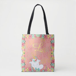 Schattige slapende eenhoorn en bloemen monogrammed tote bag