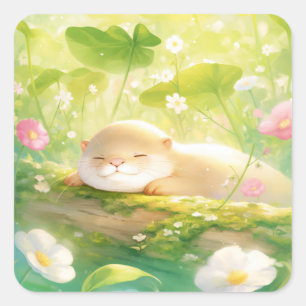 Schattige slapende gouden otter op een bemoste boo vierkante sticker