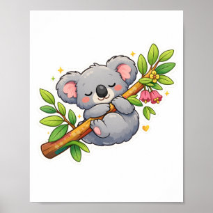 Schattige slapende koala op eucalyptus tak Kawaii Poster