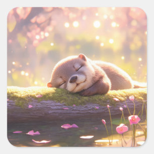 Schattige slapende otterbaby op een bemoste boomst vierkante sticker